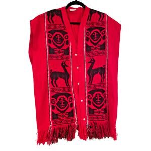Ecuadorian Orlon Red & Black Knit Sweater Vest Fringe - One Size Fits Most